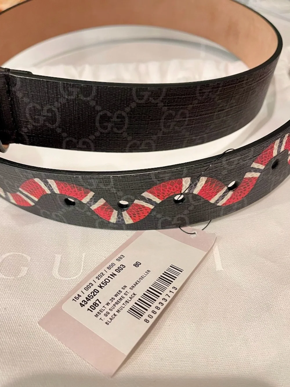 NWT Gucci Black Leather Belt with Red and White Snake Detail
